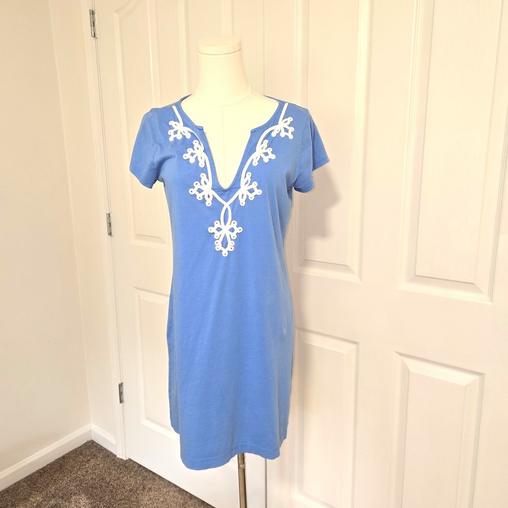 Lilly Pulitzer T-Shirt Dress Womens Medium Blue Pima Cotton Soutache Embroidery